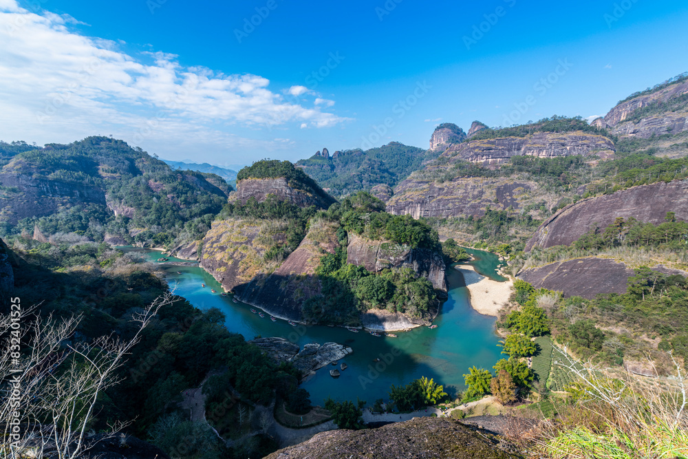 View over River of The Nine Bends (Jiuqu Xi), Wuyi Mountains, UNESCO World Heritage Site, Fujian, China View over River of The Nine Bends (Jiuqu Xi), Wuyi Mountains, UNESCO World Heritage Site, Fujian, China