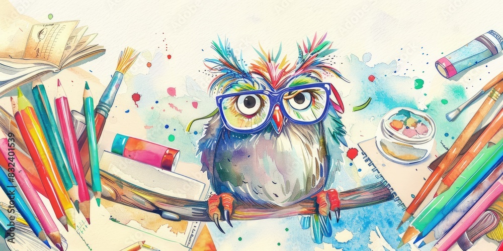 a image of a watercolor painting of a colorful owl with glasses