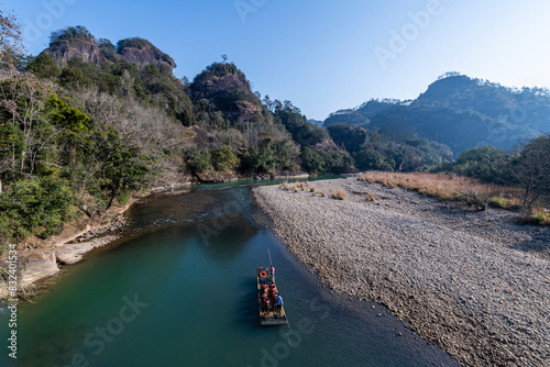View over River of The Nine Bends (Jiuqu Xi), Wuyi Mountains, UNESCO World Heritage Site, Fujian, China photo