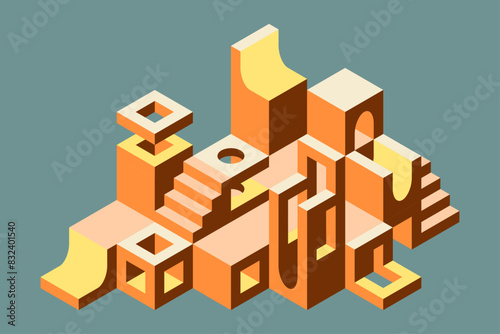 Isometric flat vector illustration with modular blocks and architectural elements. Abstract architecture design. Urban composition.