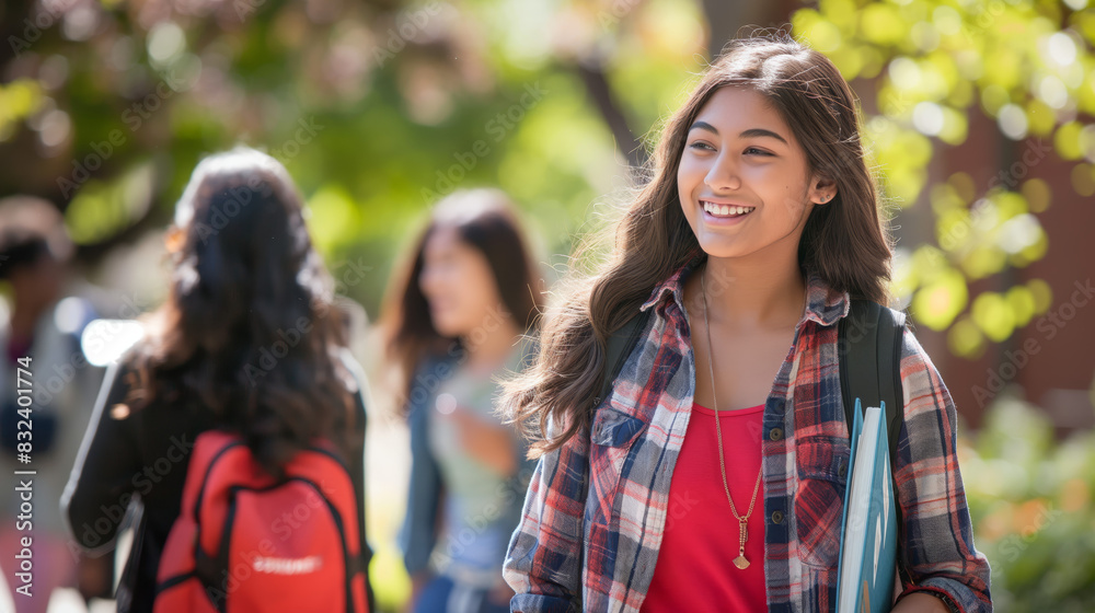 A cheerful teenage girl is walking with books in a schoolyard with other students in the background A cheerful teenage girl is walking with books in a schoolyard with other students in the background
