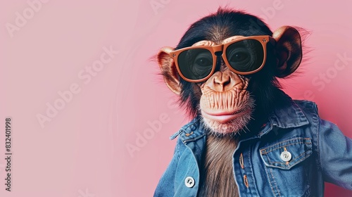Fashionable cute monkey in clothes and wear a glasses isolated pink background