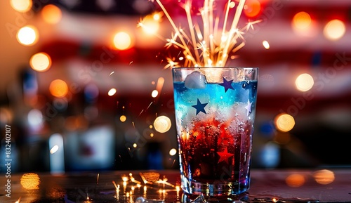 Festive 4th of July cocktail with red, white, and blue layers, American flag backdrop, sparkling fireworks