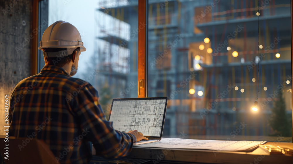 Architect using a laptop to work on designs with a view of a construction site through a large window. Architect using a laptop to work on designs with a view of a construction site through a large window.