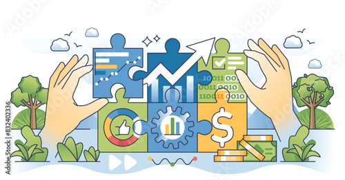 Big data in finance with economical money information outline hands concept. Gathering market trends for investment forecasting and financial software automation vector illustration. Collecting info.