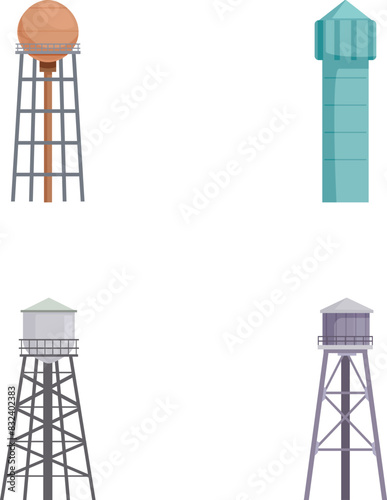 Collection of different water tower designs isolated on white background