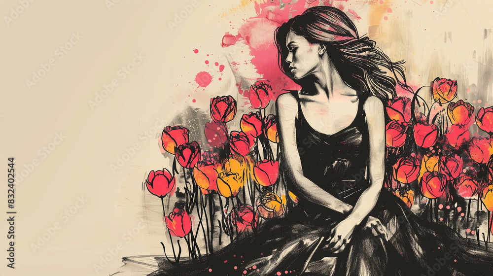 Fototapeta premium Sketch of a young woman in black dress with red tulips in the back