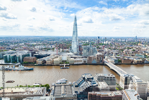 Aerial view of South London with London Bridge, The Shard skyscraper and River Thames, London, England