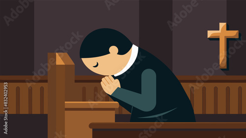 With their forehead resting against the wooden pew in front of them a person spends precious moments in the silent chapel pouring out their heart in. Vector illustration