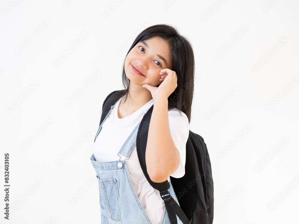 Happy student young girl on white background, back to school. Happy student young girl on white background, back to school.