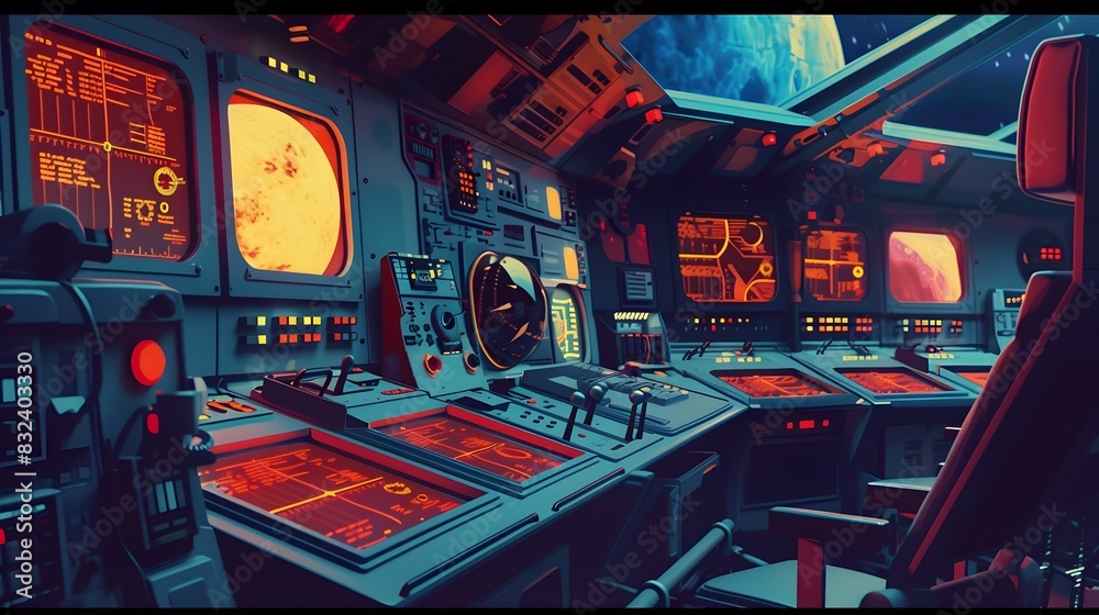 Retro Sci-Fi Spaceship Interior: Control Panels and Space Crew in Uniforms Retro Sci-Fi Spaceship Interior: Control Panels and Space Crew in Uniforms