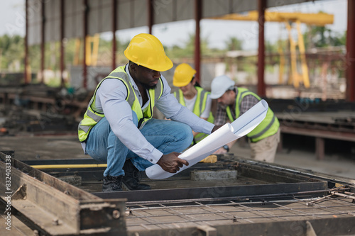 International architect, engineer looking at blueprints at industrial factory Heavy industrial production plants.