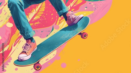 watercolor illustration, vintage postcard, Go Skateboarding Day, skateboarder's feet close-up, skateboard movement, bright background, copy space, free space for text