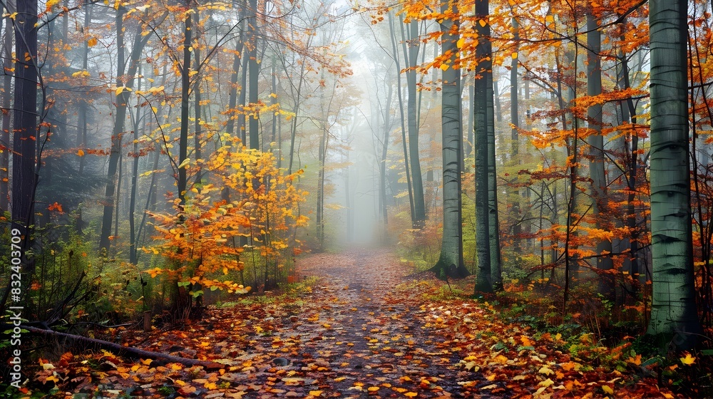 Fototapeta premium Autumn Forest Path with Misty Morning Lighting and Vibrant Foliage