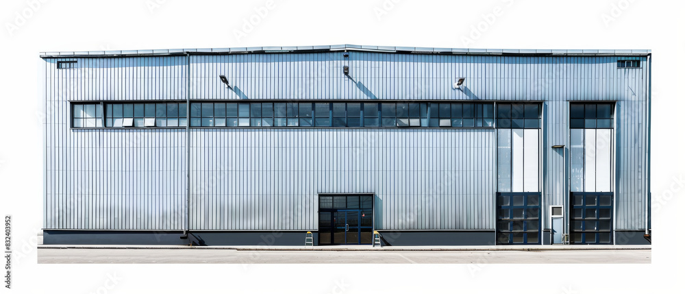 Modern industrial warehouse exterior with metallic facade, large windows, and loading docks, showcasing contemporary architecture. Modern industrial warehouse exterior with metallic facade, large windows, and loading docks, showcasing contemporary architecture.
