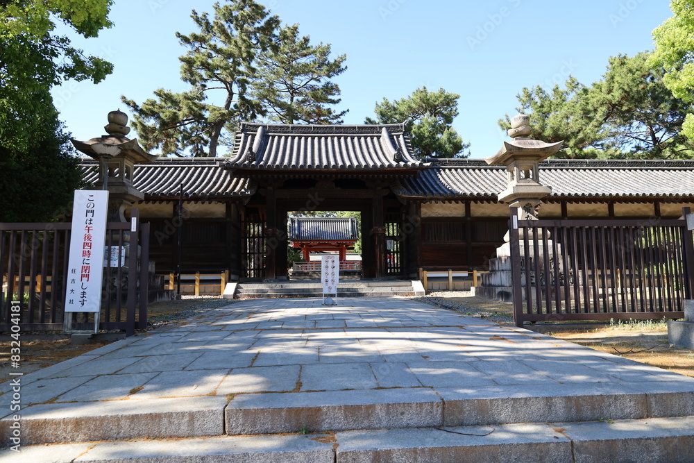 A Japanese shrine : the scene of an entrance gate to the precincts of Sumiyoshi-taisha Shrine in Osaka City A Japanese shrine : the scene of an entrance gate to the precincts of Sumiyoshi-taisha Shrine in Osaka City
