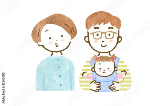 父親が抱っこ紐で女の子を抱っこし、母親が寄り添っている3人家族の上半身手描きイラスト