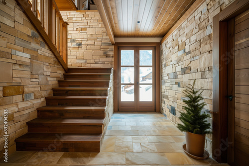 Rustic hallway with wooden staircase