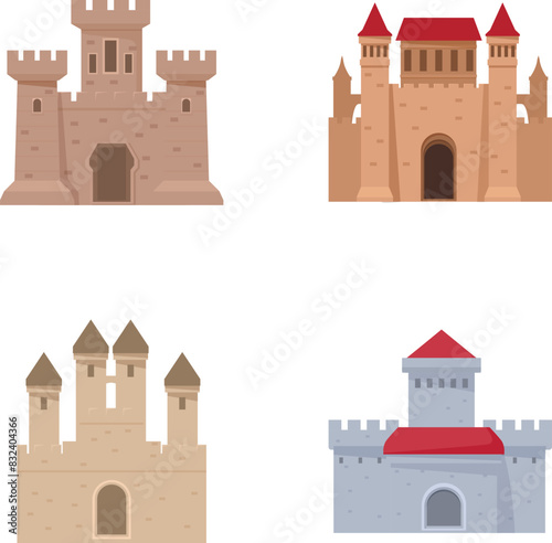 Illustration collection featuring four diverse styles of cartoon medieval castles
