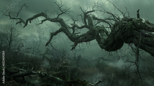 Dark and mysterious forest with rain and fog for fantasy or gothic design