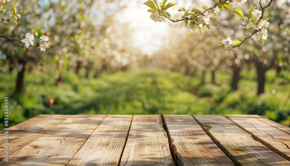 Spring background with wooden table top, blurred green meadow and blooming apple tree in the garden. Spring background with wooden table top, blurred green meadow and blooming apple tree in the garden.