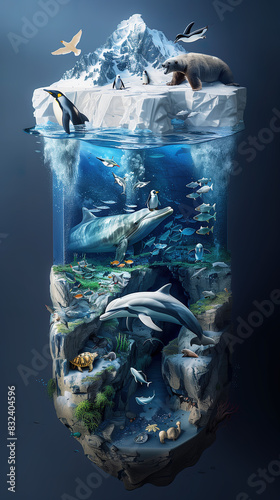 Various marine animals like fish, turtles, and sharks swim among seabirds diving for fish in a bustling underwater ecosystem.