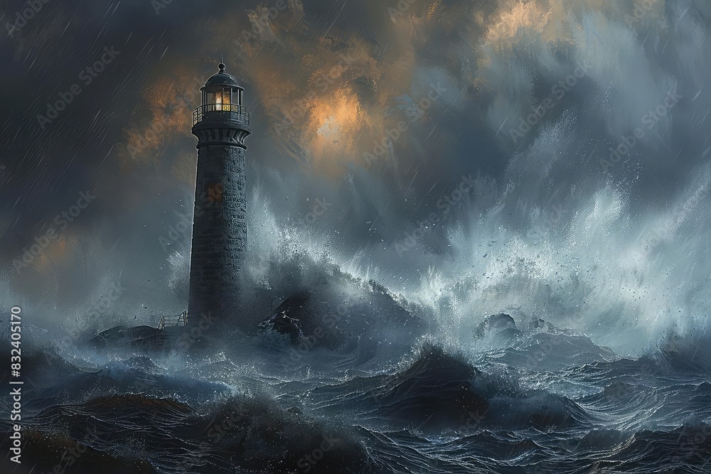 Lighthouse in a raging storm with turbulent sea, muted tones, realistic, highdetail illustration, intense and captivating,