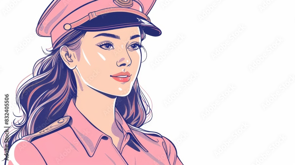 Confident beautiful woman in a pink uniform and hat. Confident beautiful woman in a pink uniform and hat.