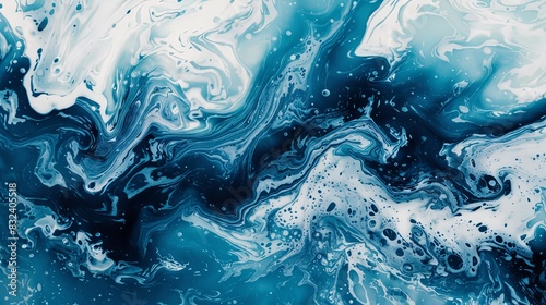 The image is a blue and white water wave with a shiny, reflective surface