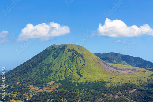Mount Lokon volcano with Tompaluan active crater on the saddle between next door Mount Empung, near Tomohon city, Gunung Lokon, Tomohon, North Sulawesi, Indonesia