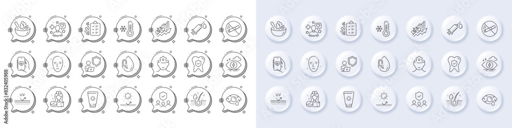 Health app, No alcohol and Diet menu line icons. White pin 3d buttons, chat bubbles icons. Pack of Serum oil, Stress, Health skin icon. Low thermometer, Medical syringe, Patient pictogram. Vector