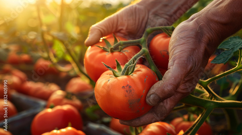 Close-up of the hands of an experienced farmer picking tomatoes on his plantation. An adult farmer harvests vegetables. Gardening concept. photo