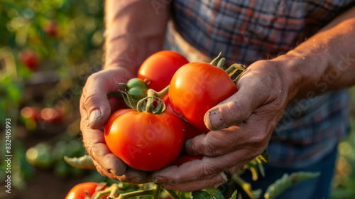 Close-up of the hands of an experienced farmer picking tomatoes on his plantation. An adult farmer harvests vegetables. Gardening concept. © Alina Tymofieieva