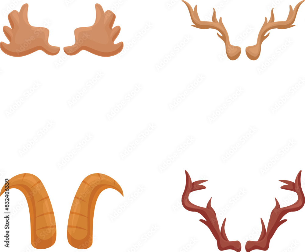 Cartoon illustration set featuring four different styles of animal horns and antlers Cartoon illustration set featuring four different styles of animal horns and antlers