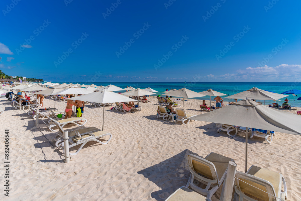 View of beach and sea, Playa del Carmen, Caribbean Coast, Yucatan Peninsula, Riviera Maya View of beach and sea, Playa del Carmen, Caribbean Coast, Yucatan Peninsula, Riviera Maya