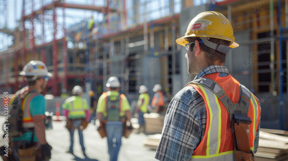 Group of construction workers in safety gear at an active job site, focusing on building structures. Group of construction workers in safety gear at an active job site, focusing on building structures.