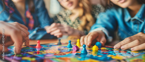 Group of friends enjoying a colorful board game, focusing on playing pieces and game board details, promoting fun and social interaction.