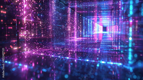 Holographic reflections on a digital floor with vibrant purple and blue illumination