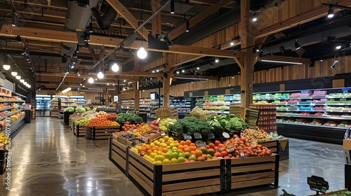 View from behind an large grocery store with a lot of produce on display