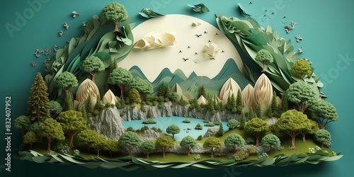A miniature forest landscape made of green paper. It features trees, mountains, and a blue lake