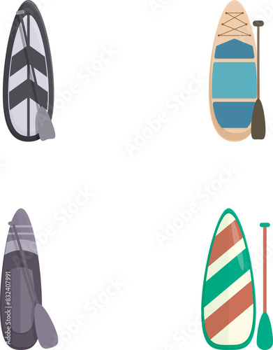 Collection of different types of surfboards and paddles in flat design, ready for summer adventures