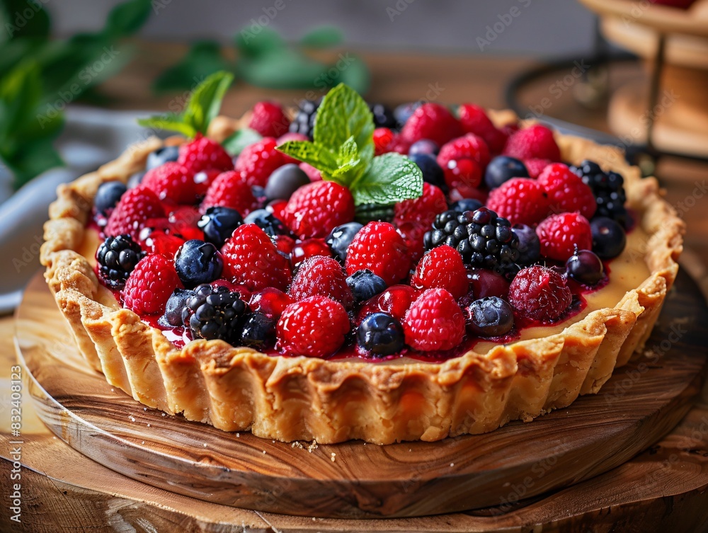 Sumptuous Fruit Tart Garnished with Fresh Berries and Mint Leaves on Wooden Table in Bright Kitchen Sumptuous Fruit Tart Garnished with Fresh Berries and Mint Leaves on Wooden Table in Bright Kitchen