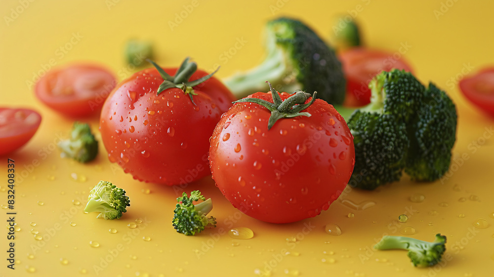 Minimalist design of ripe tomatoes and fresh broccoli Minimalist design of ripe tomatoes and fresh broccoli