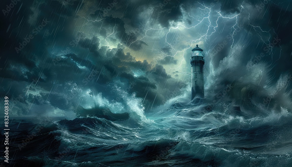Lighthouse with giant waves and thunderstorm, dark skies illuminated by lightning, photorealistic, digital painting, powerful and dramatic, Lighthouse with giant waves and thunderstorm, dark skies illuminated by lightning, photorealistic, digital painting, powerful and dramatic,
