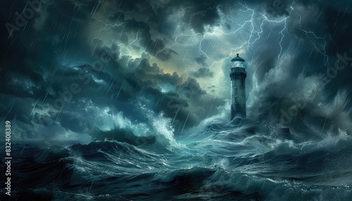 Lighthouse with giant waves and thunderstorm, dark skies illuminated by lightning, photorealistic, digital painting, powerful and dramatic, photo