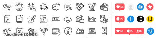 Cogwheel, Add handbag and Chat bubble line icons pack. Social media icons. Calendar, Pay money, Reminder web icon. Web lectures, Time management, Software pictogram. Vector
