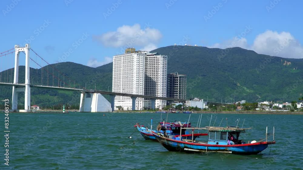 Many fishing boats on the river in Vietnam