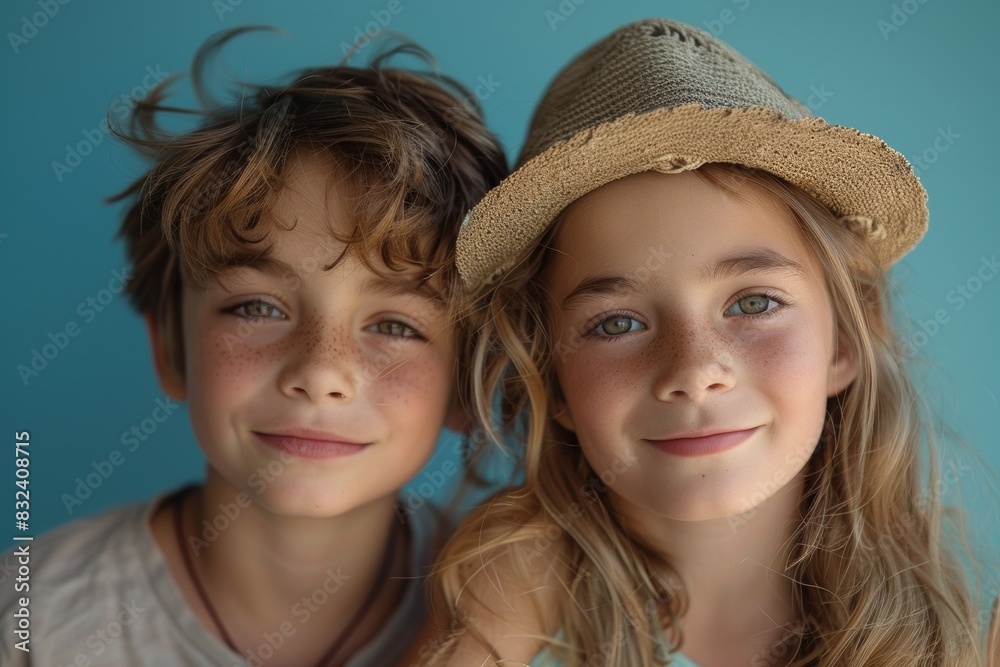 Duo couple portraits of cute caucasian boy and girl wearing colorful hats looking at a camera while posing outdoors. Young model couple with fashionable outfits shot. Duo couple portraits of cute caucasian boy and girl wearing colorful hats looking at a camera while posing outdoors. Young model couple with fashionable outfits shot.