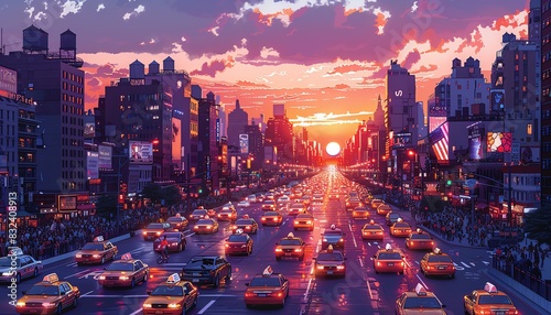 Sunset over a busy city street with cars and skyscrapers. photo