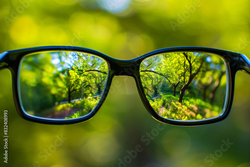 A black-framed glasses focuses on a vibrant forest landscape, set against a blurred background of greenery. Shallow depth of field